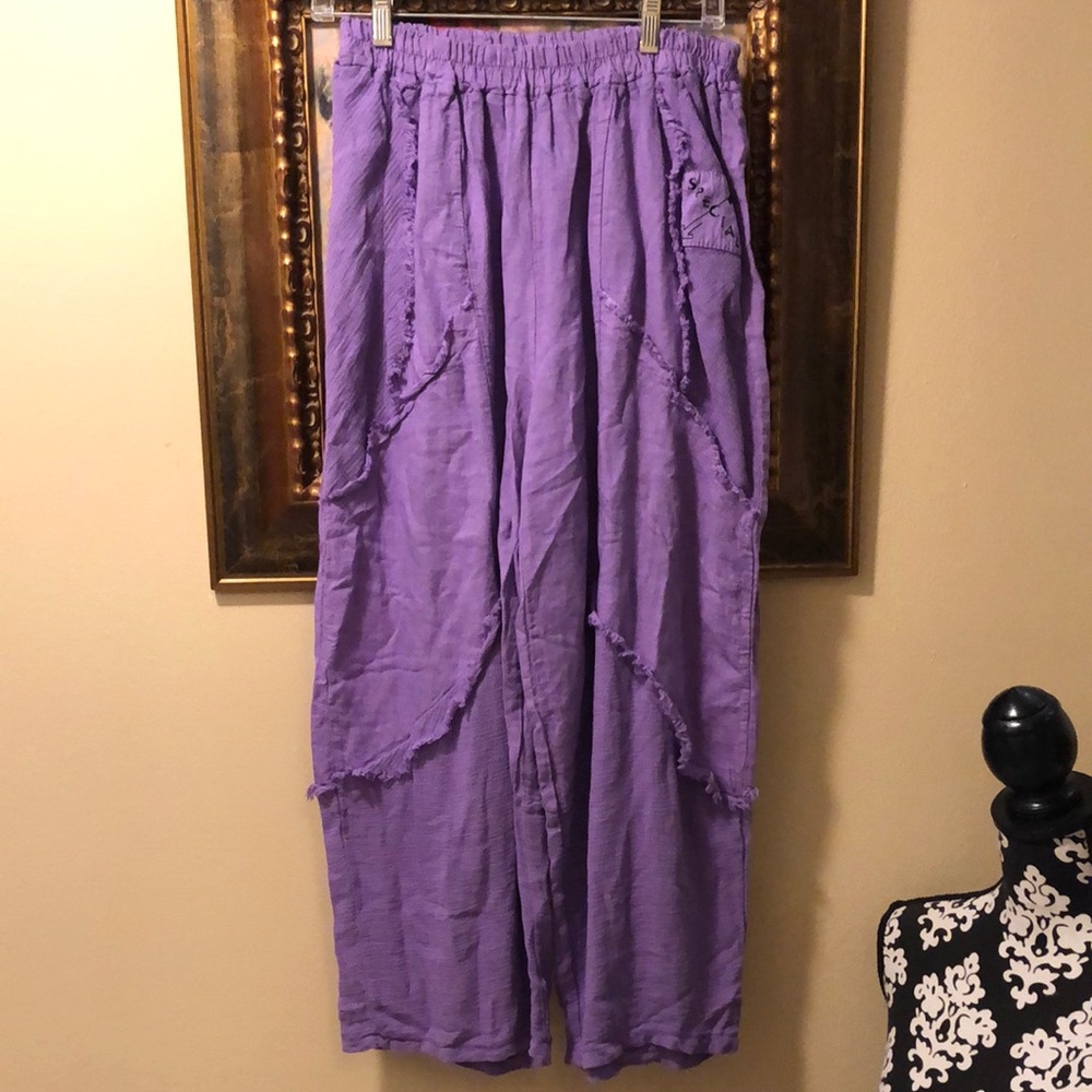 Lino Bohemian Lilac Wide-Leg High-waist Linen fringe “Special” Pants